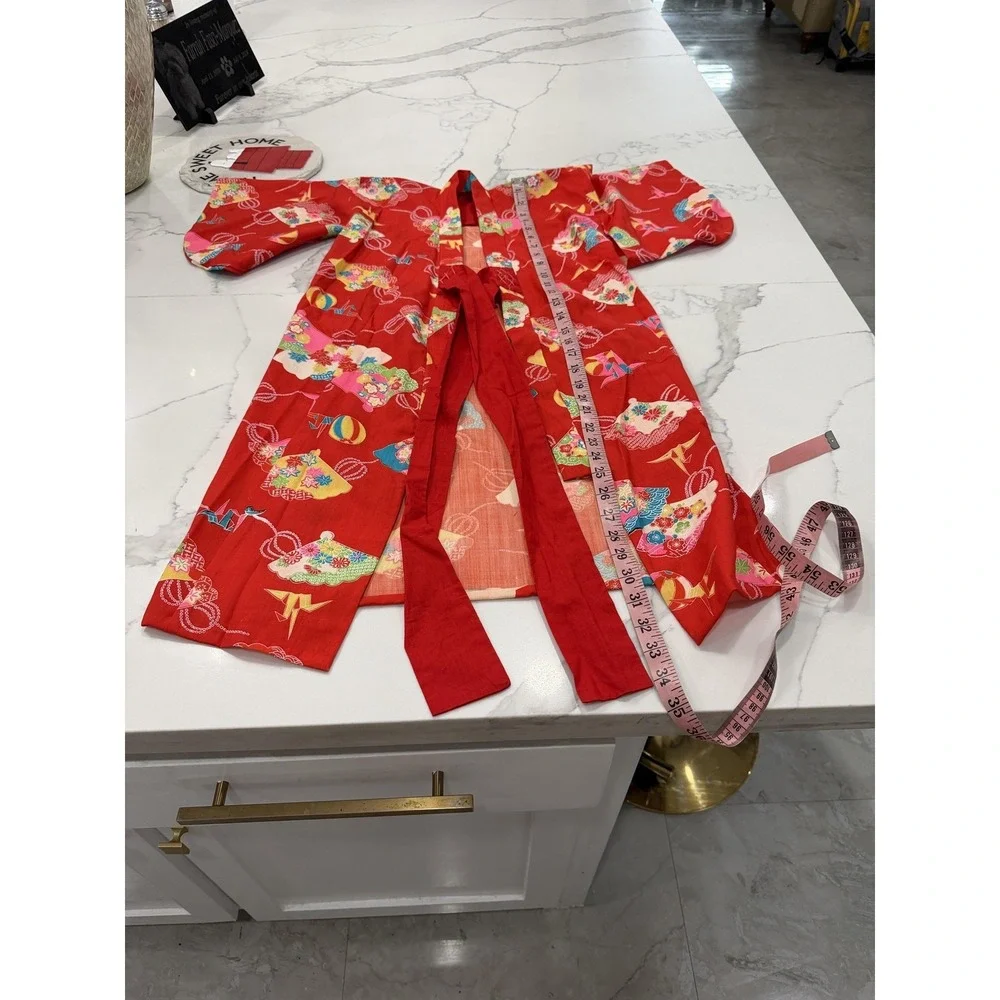Kimono Kaftan Dress Girls 3-4 Years Red Floral V Neck Short Sleeve Japanese‎